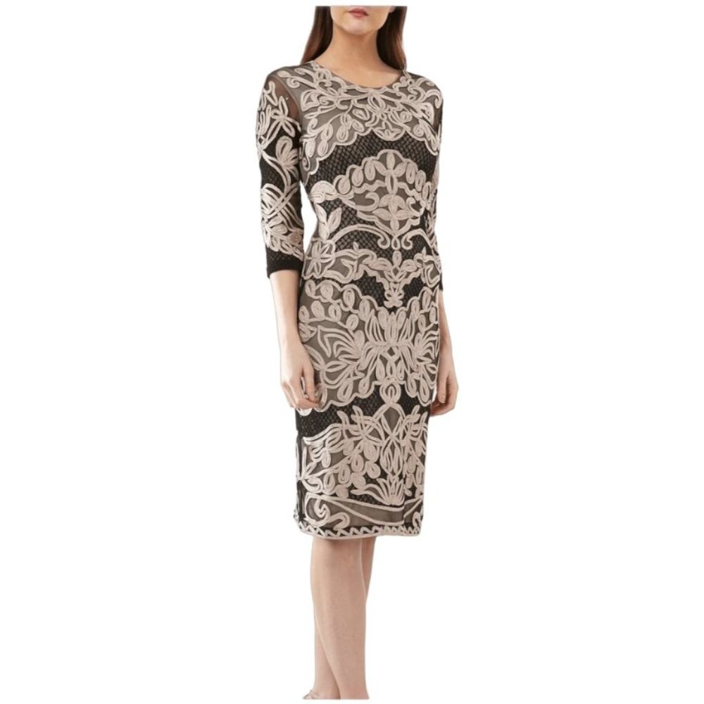 JS Collections Black Tan 3/4 Sleeve Soutache Sheath Midi Dress 10